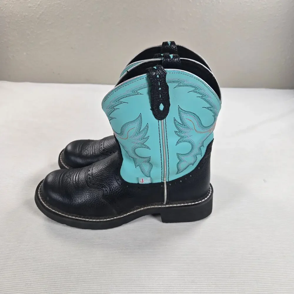 Justin Gypsy Casual Black Deercow Cowhide Round Toe Western Aqua Boot Size 10B